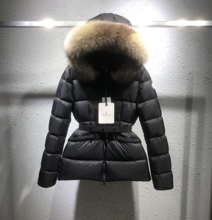 REPLICA MONCLER WOMEN'S BOED HOODED SHEARLING SHORT DOWN JACKET BLACK & BEIGE #3829 - Image 2