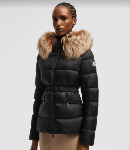 REPLICA MONCLER WOMEN'S BOED HOODED SHEARLING SHORT DOWN JACKET BLACK & BEIGE #3829