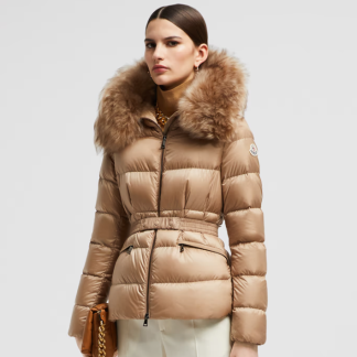 REPLICA MONCLER WOMEN'S BOED HOODED SHEARLING SHORT DOWN JACKET CAMEL BEIGE #3826