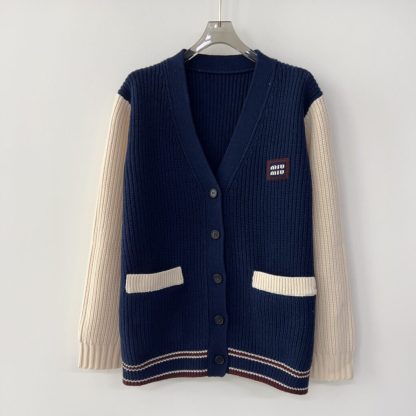 Replica Miu Miu Wool and cashmere cardigan Navy Blue Knitwear #3880