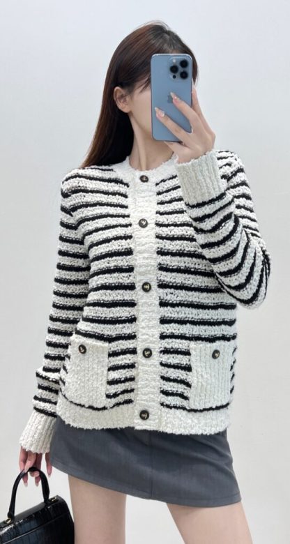  Dior Marinière Twinset White and Black Blended Wool and Cotton Bouclé Knit #3868 - Image 2