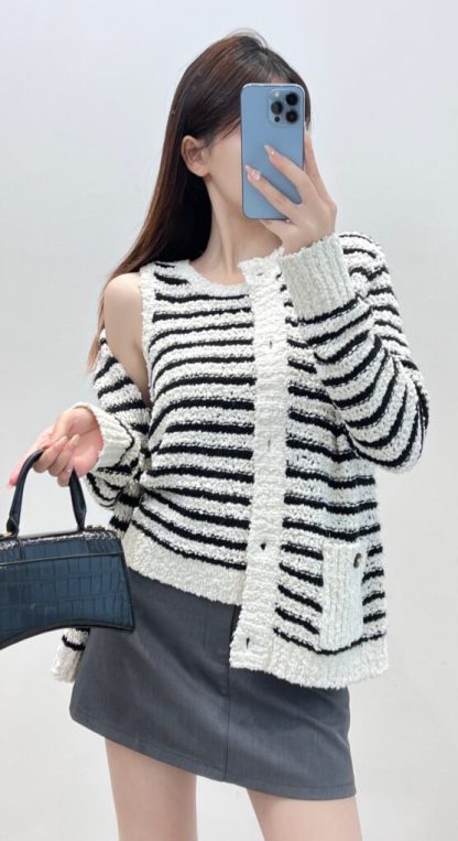  Dior Marinière Twinset White and Black Blended Wool and Cotton Bouclé Knit #3868 - Image 4