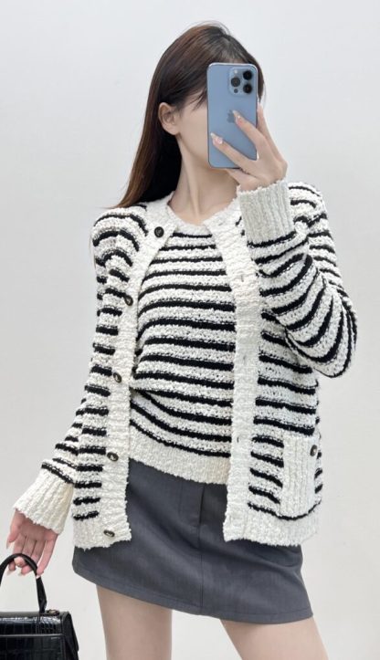  Dior Marinière Twinset White and Black Blended Wool and Cotton Bouclé Knit #3868 - Image 7