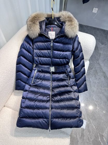 REPLICA MONCLER LEERSIE HOODED SHEARLING LONG DOWN JACKET BLUE #3896