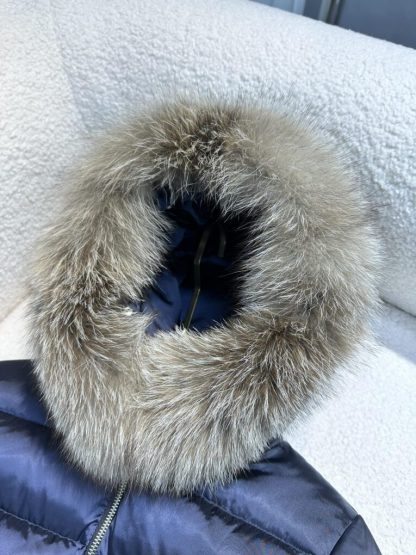 REPLICA MONCLER LEERSIE HOODED SHEARLING LONG DOWN JACKET BLUE #3896 - Image 7