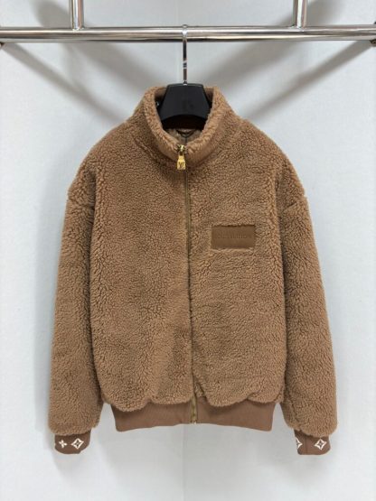 Replica Louis Vuitton Men's Leather Patch Fleece Blouson Beige Sable 1AFXTM #3908