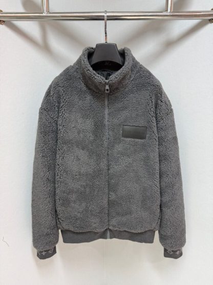Replica Louis Vuitton Men's Leather Patch Fleece Blouson Gray #3909