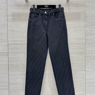 Replica FENDI Long Jeans Black FF denim pants For Women #3867