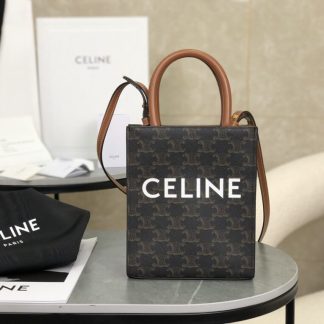 REPLICA CELINE MINI VERTICAL CABAS IN TRIOMPHE CANVAS AND CALFSKIN WITH CELINE PRINT 194372 TAN #3966
