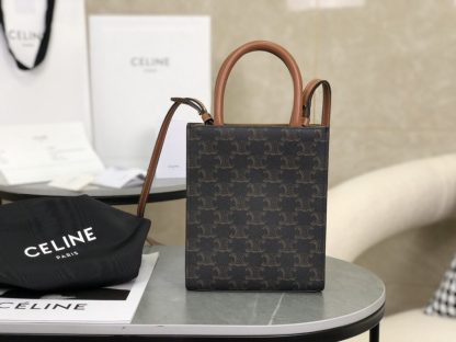 REPLICA CELINE MINI VERTICAL CABAS IN TRIOMPHE CANVAS AND CALFSKIN WITH CELINE PRINT 194372 TAN #3966 - Image 2
