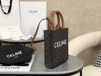REPLICA CELINE MINI VERTICAL CABAS IN TRIOMPHE CANVAS AND CALFSKIN WITH CELINE PRINT 194372 TAN #3966 - Image 9