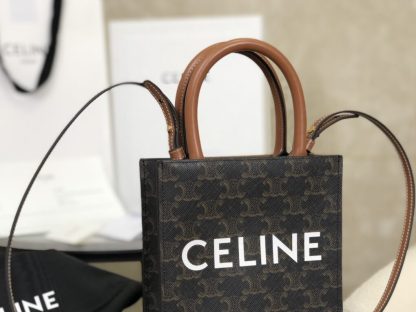 REPLICA CELINE MINI VERTICAL CABAS IN TRIOMPHE CANVAS AND CALFSKIN WITH CELINE PRINT 194372 TAN #3966 - Image 12