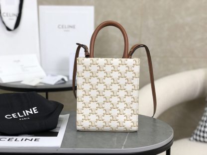 REPLICA CELINE MINI VERTICAL CABAS IN TRIOMPHE CANVAS AND CALFSKIN WITH CELINE PRINT 194372 WHITE #3965 - Image 11