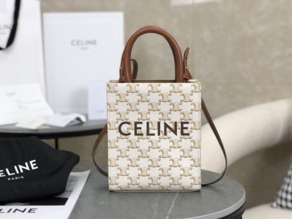 REPLICA CELINE MINI VERTICAL CABAS IN TRIOMPHE CANVAS AND CALFSKIN WITH CELINE PRINT 194372 WHITE #3965
