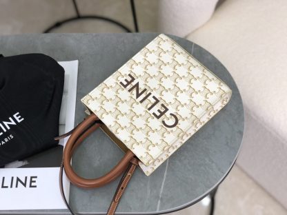REPLICA CELINE MINI VERTICAL CABAS IN TRIOMPHE CANVAS AND CALFSKIN WITH CELINE PRINT 194372 WHITE #3965 - Image 7