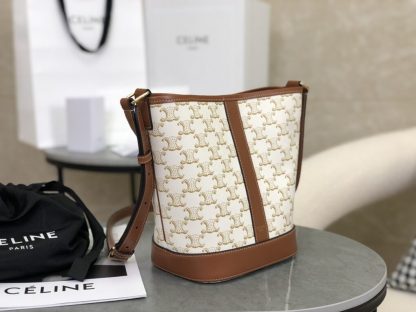 REPLICA CELINE SMALL BUCKET IN TRIOMPHE CANVAS AND CALFSKIN 191442 WHITE #3963 - Image 8