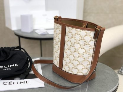 REPLICA CELINE SMALL BUCKET IN TRIOMPHE CANVAS AND CALFSKIN 191442 WHITE #3963 - Image 6