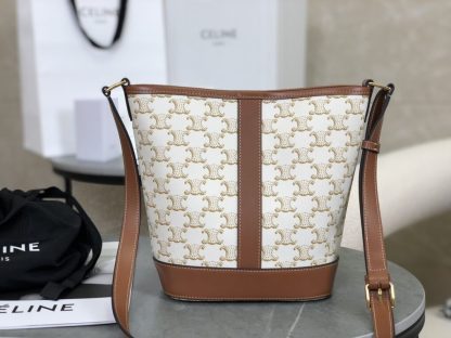 REPLICA CELINE SMALL BUCKET IN TRIOMPHE CANVAS AND CALFSKIN 191442 WHITE #3963 - Image 2