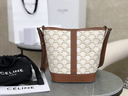 REPLICA CELINE SMALL BUCKET IN TRIOMPHE CANVAS AND CALFSKIN 191442 WHITE #3963