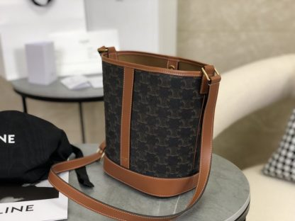 REPLICA CELINE SMALL BUCKET IN TRIOMPHE CANVAS AND CALFSKIN 191442 TAN #3964 - Image 5