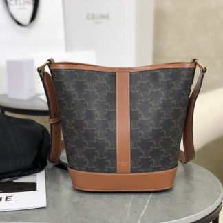 REPLICA CELINE SMALL BUCKET IN TRIOMPHE CANVAS AND CALFSKIN 191442 TAN #3964