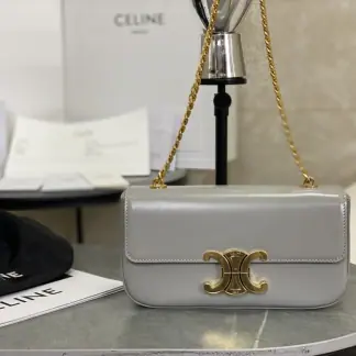 REPLICA CELINE CHAIN SHOULDER BAG CLAUDE IN SHINY CALFSKIN GREY #3940