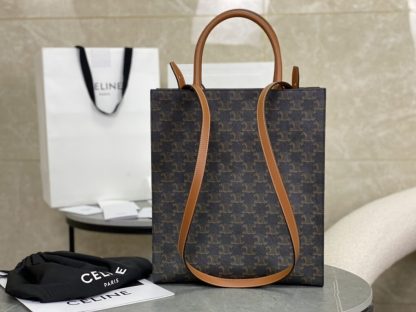 REPLICA CELINE SMALL CABAS VERTICAL IN TRIOMPHE CANVAS AND CALFSKIN 191542 TAN #3968 - Image 12