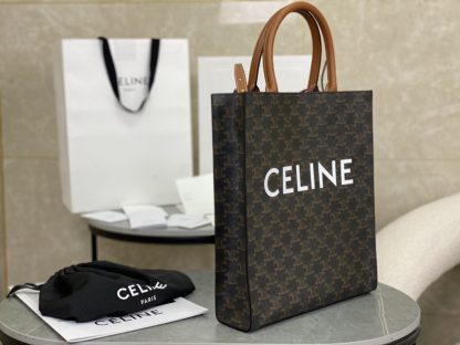 REPLICA CELINE SMALL CABAS VERTICAL IN TRIOMPHE CANVAS AND CALFSKIN 191542 TAN #3968 - Image 14