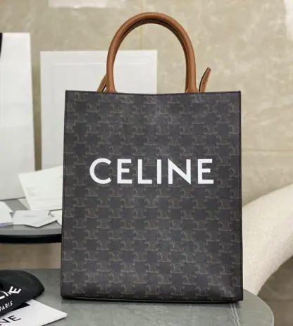REPLICA CELINE SMALL CABAS VERTICAL IN TRIOMPHE CANVAS AND CALFSKIN 191542 TAN #3968