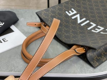 REPLICA CELINE SMALL CABAS VERTICAL IN TRIOMPHE CANVAS AND CALFSKIN 191542 TAN #3968 - Image 3