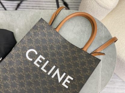 REPLICA CELINE SMALL CABAS VERTICAL IN TRIOMPHE CANVAS AND CALFSKIN 191542 TAN #3968 - Image 6