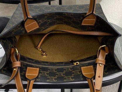 REPLICA CELINE SMALL CABAS VERTICAL IN TRIOMPHE CANVAS AND CALFSKIN 191542 TAN #3968 - Image 7