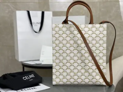 REPLICA CELINE SMALL CABAS VERTICAL IN TRIOMPHE CANVAS AND CALFSKIN 191542 WHITE #3967 - Image 14