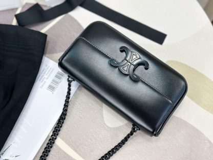 REPLICA CELINE CHAIN SHOULDER BAG CLAUDE IN SHINY CALFSKIN FULL BLACK #3939 - Image 17
