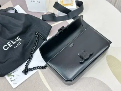 REPLICA CELINE CHAIN SHOULDER BAG CLAUDE IN SHINY CALFSKIN FULL BLACK #3939 - Image 11