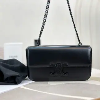 REPLICA CELINE CHAIN SHOULDER BAG CLAUDE IN SHINY CALFSKIN FULL BLACK #3939