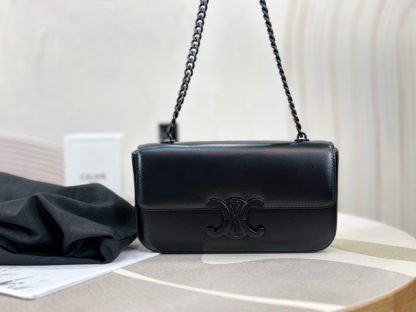 REPLICA CELINE CHAIN SHOULDER BAG CLAUDE IN SHINY CALFSKIN FULL BLACK #3939