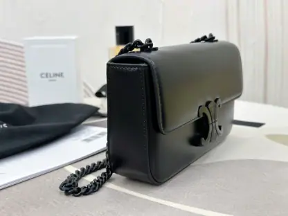 REPLICA CELINE CHAIN SHOULDER BAG CLAUDE IN SHINY CALFSKIN FULL BLACK #3939 - Image 12
