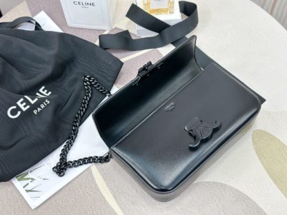 REPLICA CELINE CHAIN SHOULDER BAG CLAUDE IN SHINY CALFSKIN FULL BLACK #3939 - Image 8