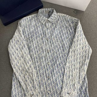 Replica Dior Blue and White Dior Oblique Kasuri Cotton Denim Overshirt #3982