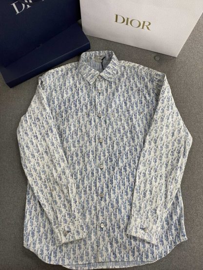 Replica Dior Blue and White Dior Oblique Kasuri Cotton Denim Overshirt #3982