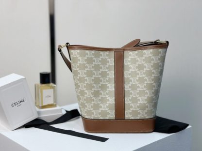 REPLICA CELINE SMALL BUCKET IN TRIOMPHE CANVAS AND CALFSKIN 191442 GREGE #3962 - Image 11