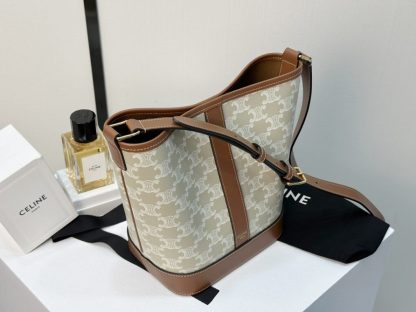 REPLICA CELINE SMALL BUCKET IN TRIOMPHE CANVAS AND CALFSKIN 191442 GREGE #3962 - Image 13