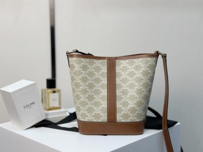 REPLICA CELINE SMALL BUCKET IN TRIOMPHE CANVAS AND CALFSKIN 191442 GREGE #3962