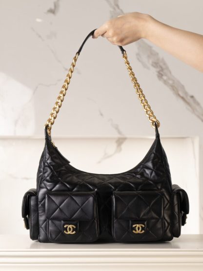 REPLICA CHANEL MAXI HOBO BAG BLACK LAMBSKIN 2025 #4036 - Image 5