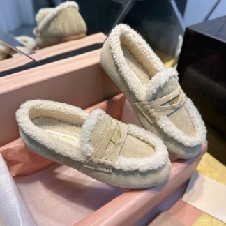 Replica Miu Miu suede loafers with fur metal coin #4027