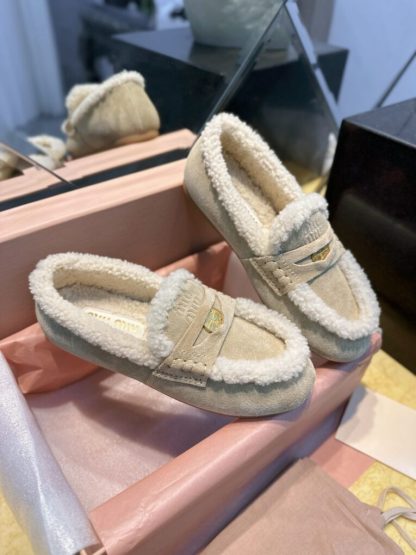 Replica Miu Miu suede loafers with fur metal coin #4027