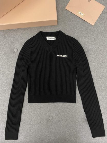 Replica Miu Miu Cropped wool sweater Black Knitwear Women #3984