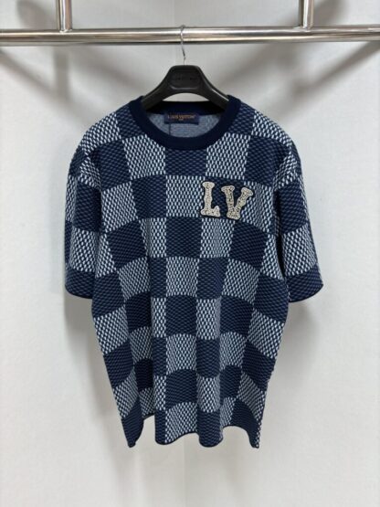 Replica Louis Vuitton Men's Damier Short-Sleeved Crewneck With LV Crystal Patch T-Shirt #4114