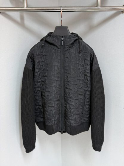 Replica Dior Oblique Hooded Blouson Jacket Black Cotton-Blend Knit #4002